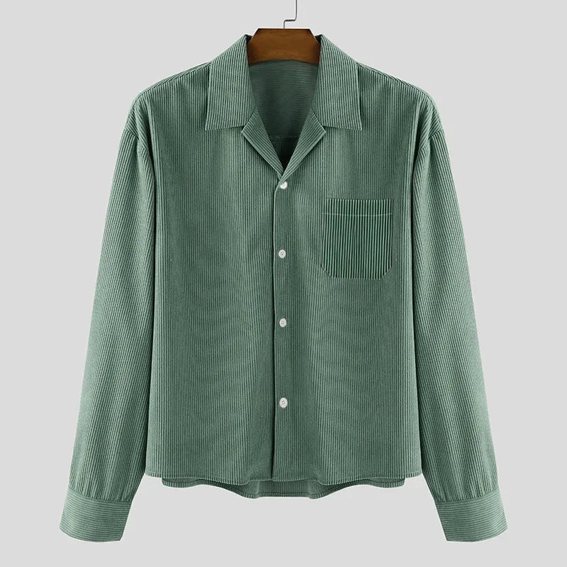 Men’s Corduroy Cropped Long-Sleeve Shirt – American Retro Loose Cardigan Top