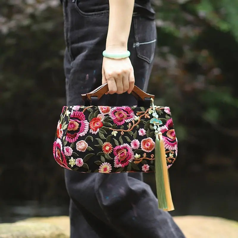 Women's Vintage Embroidered Floral Top-Handle Tote Bag with Fringe & Chain Strap