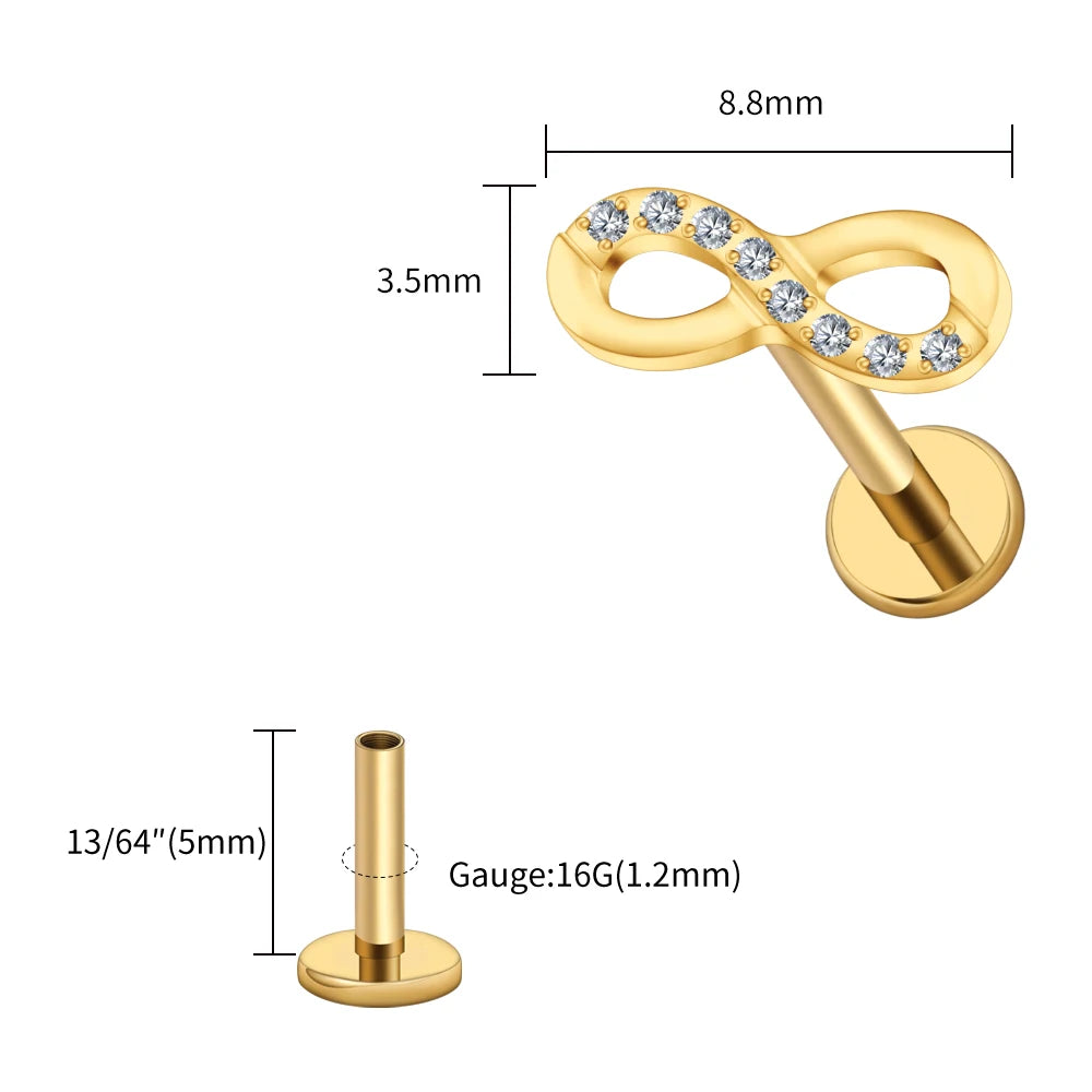 Right Grand ASTM F136 Titanium CZ Infinity Symbol Stud Earring 16G Cartilage Helix Tragus Stud Flat Back Labret Piercing Jewelry