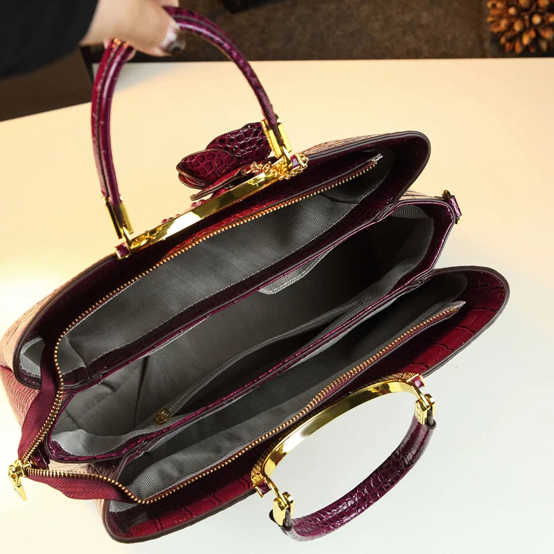 Women's Crocodile Pattern Genuine Leather Top-Handle Handbag with Floral Charm