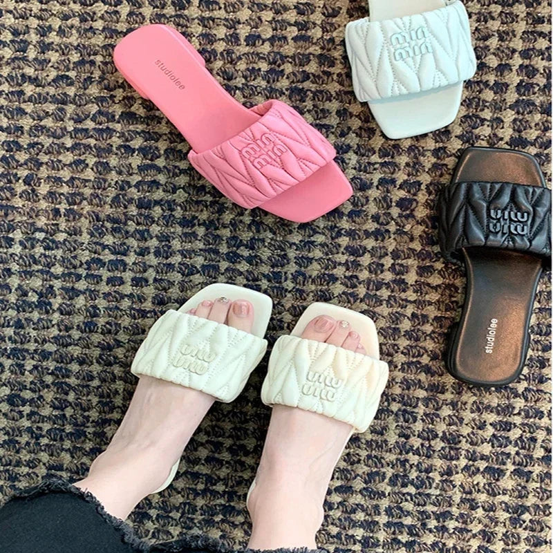 Women's Summer Solid-Color Square-Toe Lightweight Square-Heel Mules & Slides