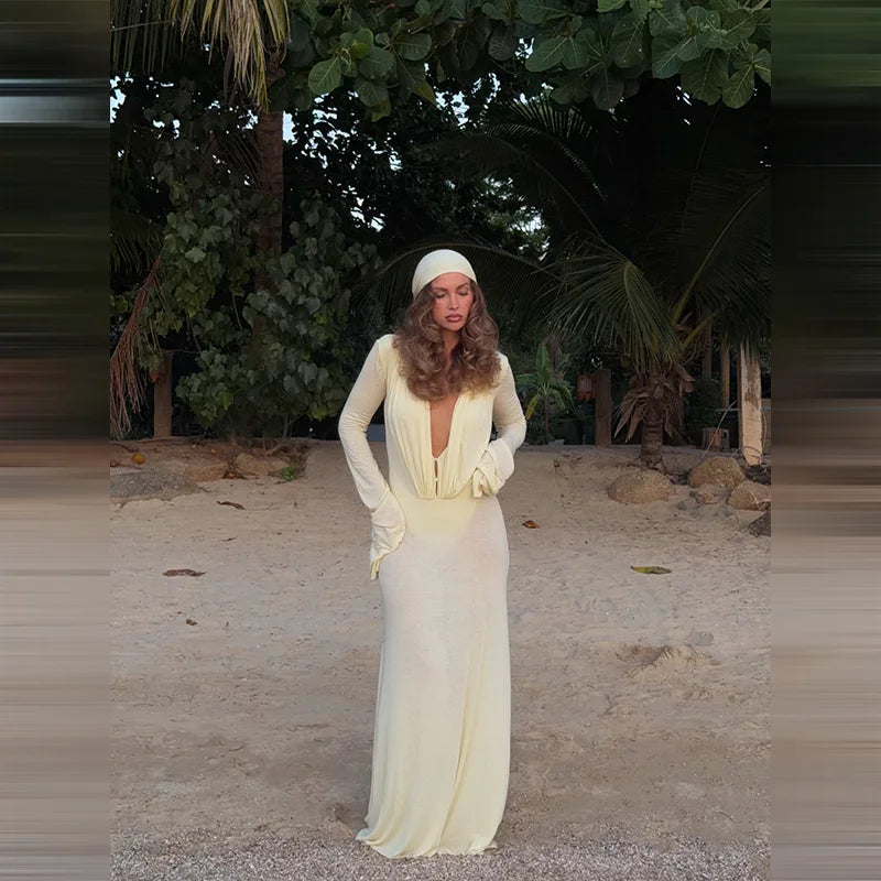 GlamourFit™ Sheer Mesh Deep V-Neck Ruched Maxi Dress