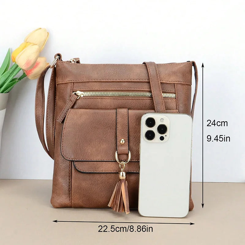 Women's Vintage Square Crossbody Bag with Tassel & Adjustable Strap
