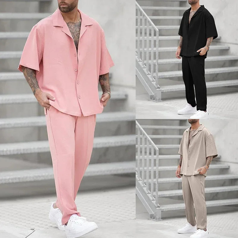 Men’s 2-Piece Short-Sleeve Shirt & Pants Set – Casual Loose Fit Leisure Suit