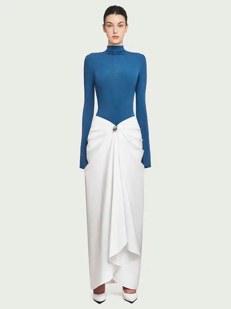 Women's Stand-Collar Metal Buckle Pleated Asymmetrical Evening Maxi Dress