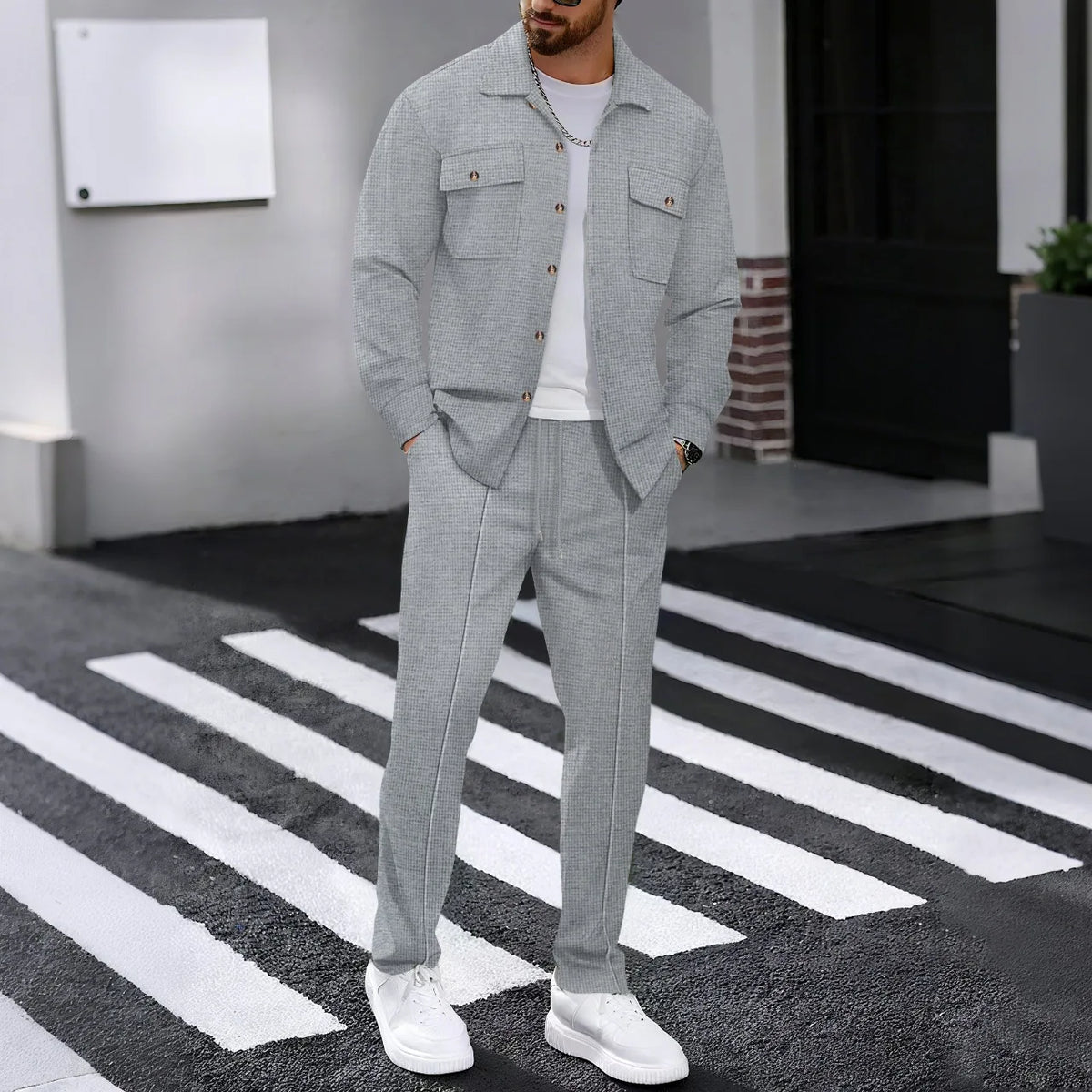 Men's Waffle Check Button Jacket & Pants Set
