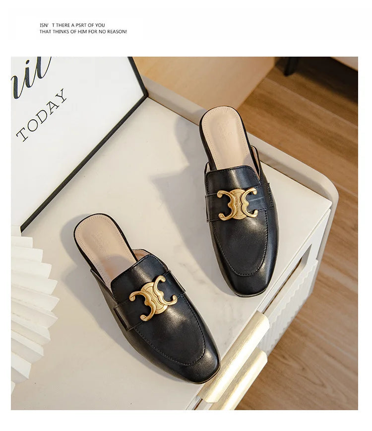 Women's Square-Toe PU Leather Mules with Gold Metal Buckle | Extended Size 41