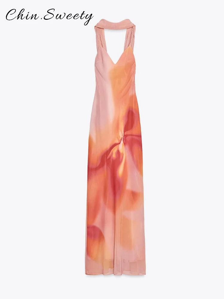 Women's Tie-Dye Print Ribbon V-Neck Sleeveless Sling Maxi Dress