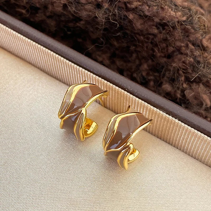 Vintage Brown Resin & Gold-Tone Drip Glaze Geometric Stud Earrings
