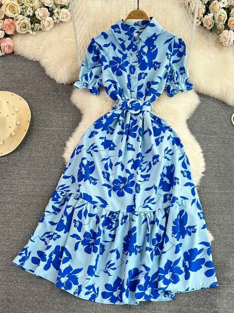 Retro Bubble Sve  Collar Slim Fit Midi Dr Floral Print ort Sve Women's Korean Sle Commute High Waist irt D...