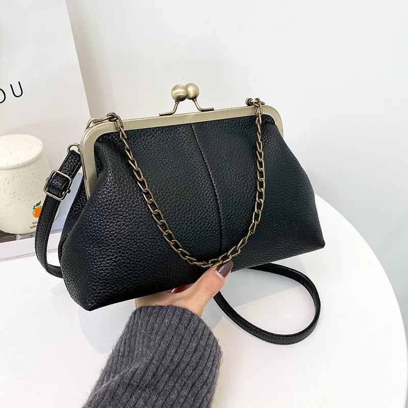 Women's Vintage Kiss-Lock PU Leather Chain Crossbody & Shoulder Bag