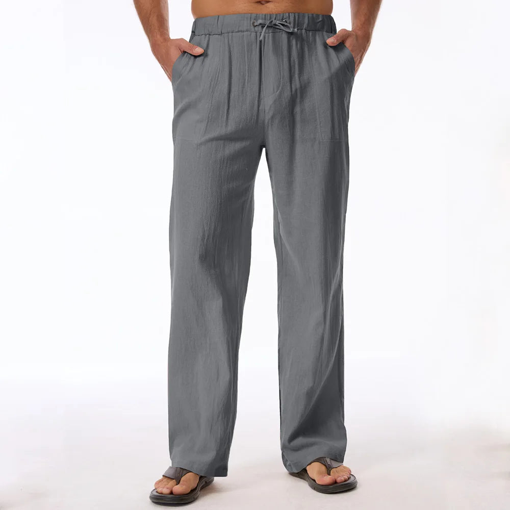 Men's Cotton Linen Elastic Waist Straight-Leg Pants