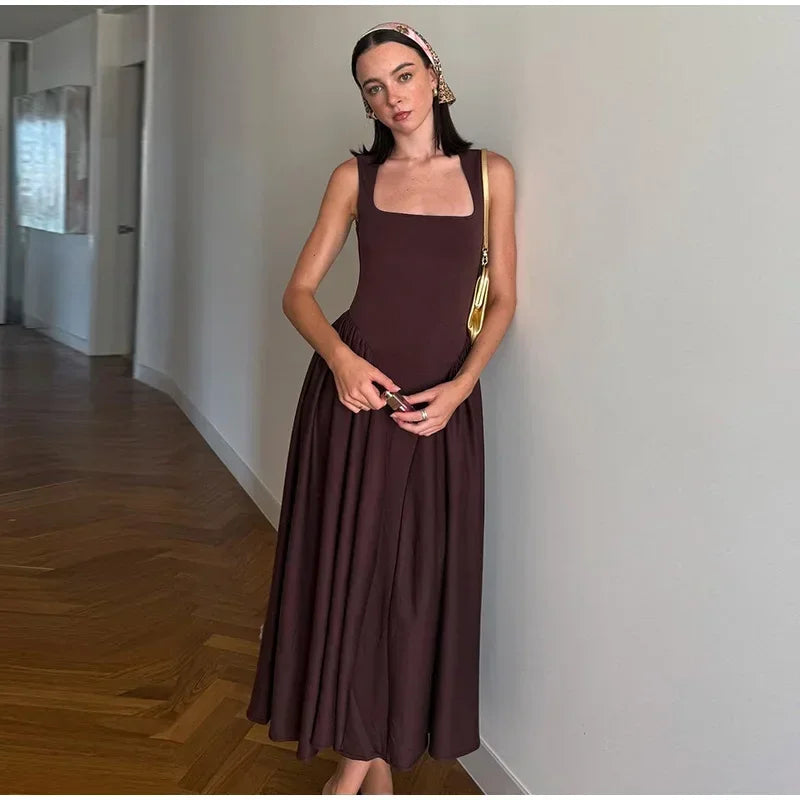 Elegant Square Neck Midi Dress For Women Elegant Solid Sleeveless High Waist Long Dress 2025 Summer Holiday Evening Vestidos