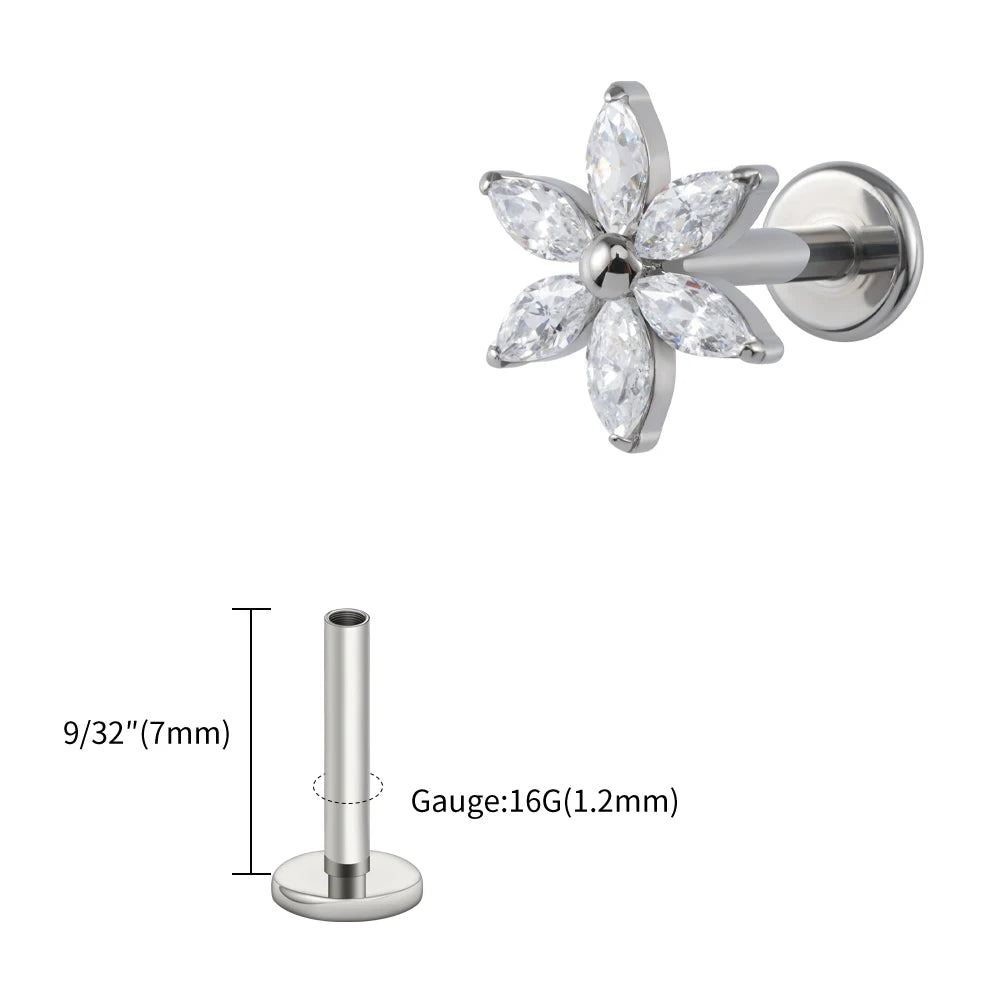 ASTM F136 Titanium 16G Marquise Flower CZ Flat Back Labret Piercing