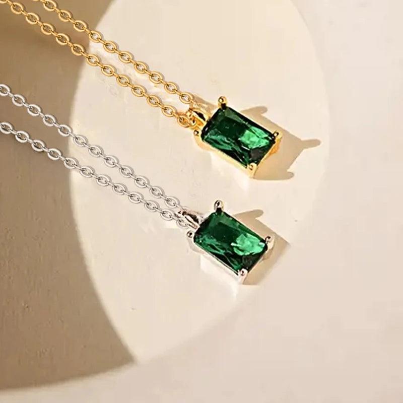 Women's Minimalist Emerald-Green Cubic Zirconia Baguette Pendant Necklace
