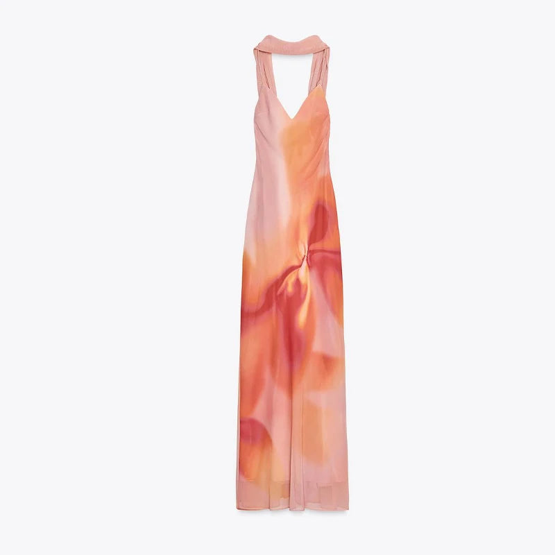 Women's Tie-Dye Print Ribbon V-Neck Sleeveless Sling Maxi Dress