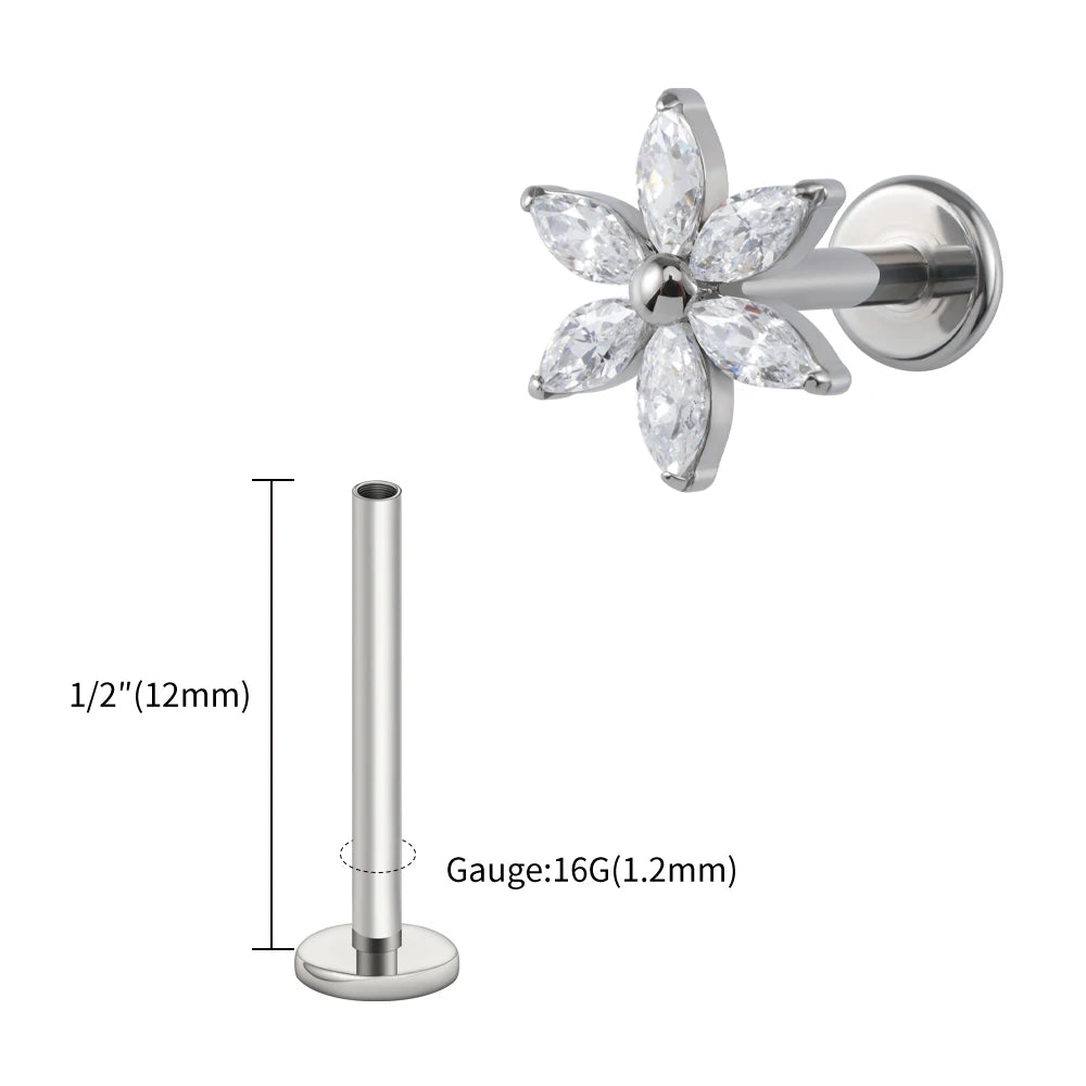 ASTM F136 Titanium 16G Marquise Flower CZ Flat Back Labret Piercing