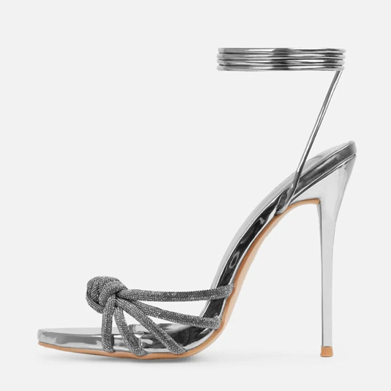 Liyke Silver Crystal Narrow-Band Platform High Heel Sandals for Wedding & Prom