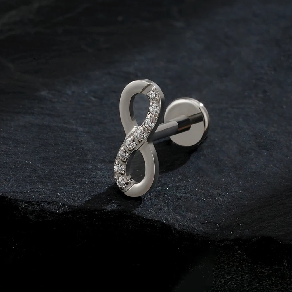 Right Grand ASTM F136 Titanium CZ Infinity Symbol Stud Earring 16G Cartilage Helix Tragus Stud Flat Back Labret Piercing Jewelry