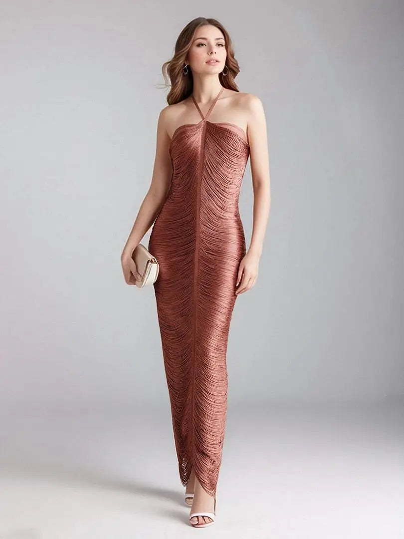Summer New 2025 Women Sexy Celebrity Backless Halter Tassel Army Green Bandage Dress Ladies Long Evening Bodycon Party Dress