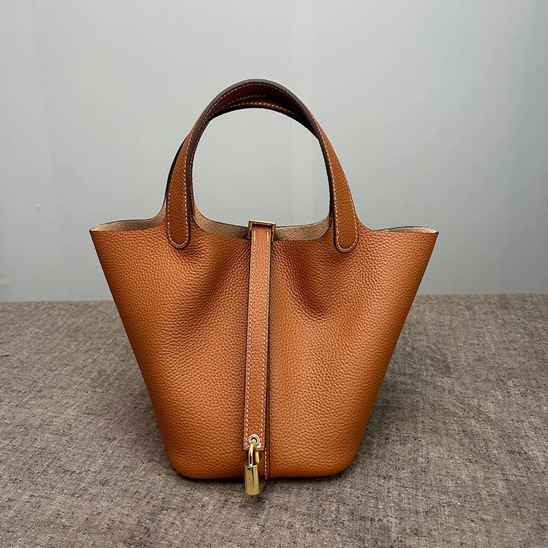 Women's Genuine Leather Designer Bucket Handbag (18cm / 22cm)