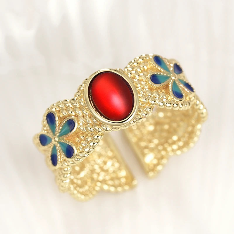 Huitan Luxury Gold Color Blue Flowers Opening Rings with Red Stone for Women Wedding Party Temperament Lady Accessories Jewelry