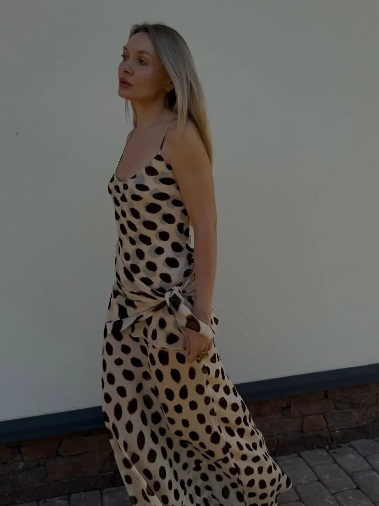 Women's Animal Print V-Neck Ruched Drawstring Slip Maxi Dress