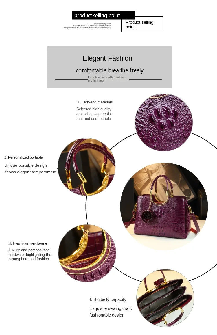 Women's Crocodile Pattern Genuine Leather Top-Handle Handbag with Floral Charm