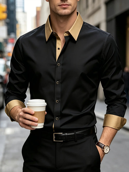FGKKS Men's Contrast Collar Patchwork Smart Casual Shirt
