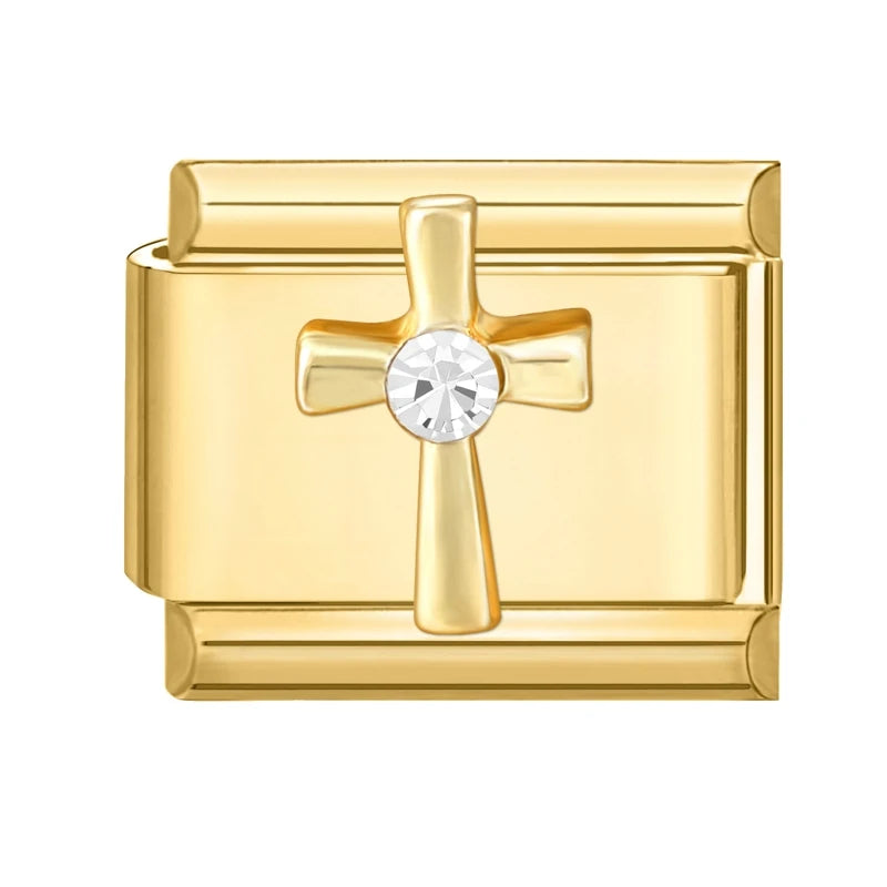 Zircon Heart Bow Butterfly Flowers Gold Color Italian Charm Links Fit 9MM Stainless Steel Bracelet Women Men DIY Making Jewelry