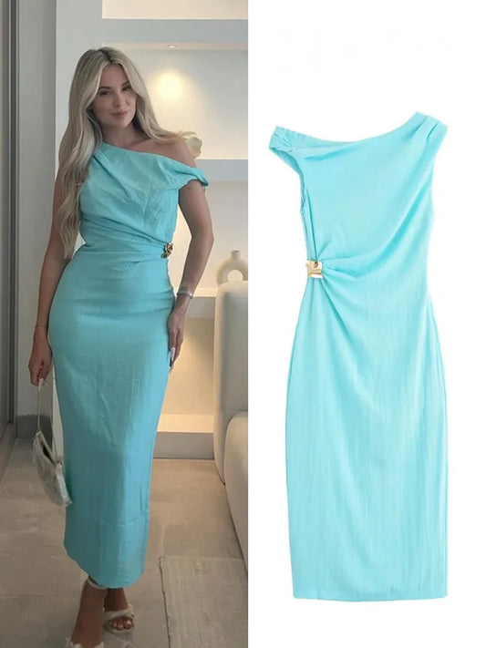 Women's Asymmetrical One-Shoulder Ruched Maxi Dress with Side Slit