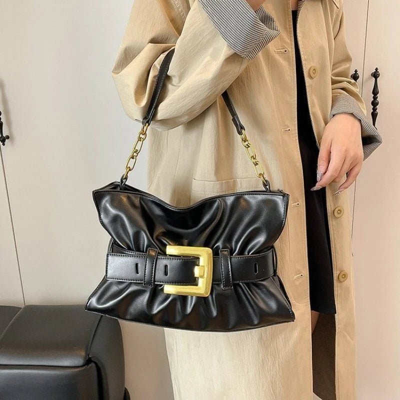 Women's Vintage Soft PU Leather Cloud Pleats Tote Bag with Metal Belt Buckle