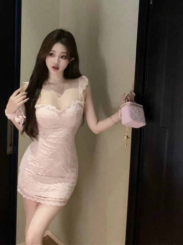 Sexy Lace Splice ort Sve  Dr Pure Desire Bodycon Summer Faion A-Line Skirt Gentle Sle Single Piece 2025 New