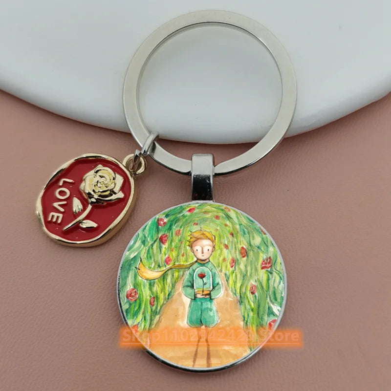 Little Prince Round Glass & Enamel Rose Keychain | DIY Handcrafted Car Keyring & Bag Charm