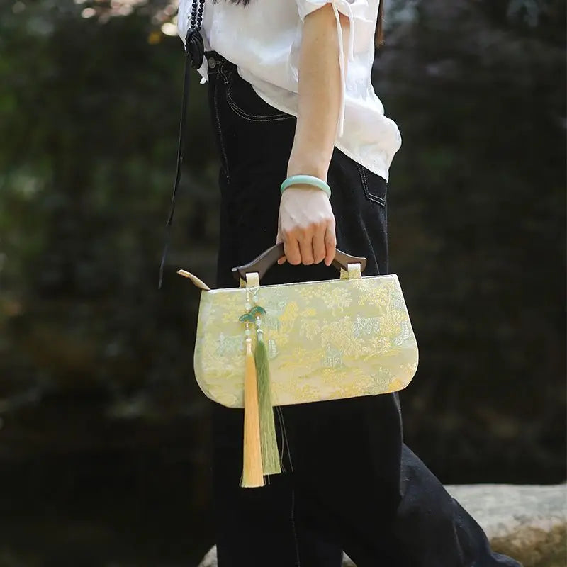 Women's Vintage Embroidered Floral Top-Handle Tote Bag with Fringe & Chain Strap