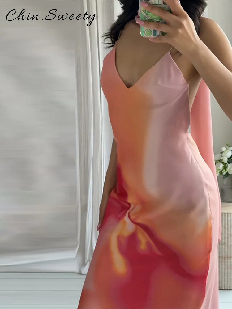 Women's Tie-Dye Print Ribbon V-Neck Sleeveless Sling Maxi Dress