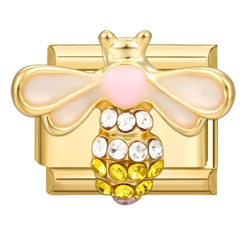 Zircon Heart Bow Butterfly Flowers Gold Color Italian Charm Links Fit 9MM Stainless Steel Bracelet Women Men DIY Making Jewelry