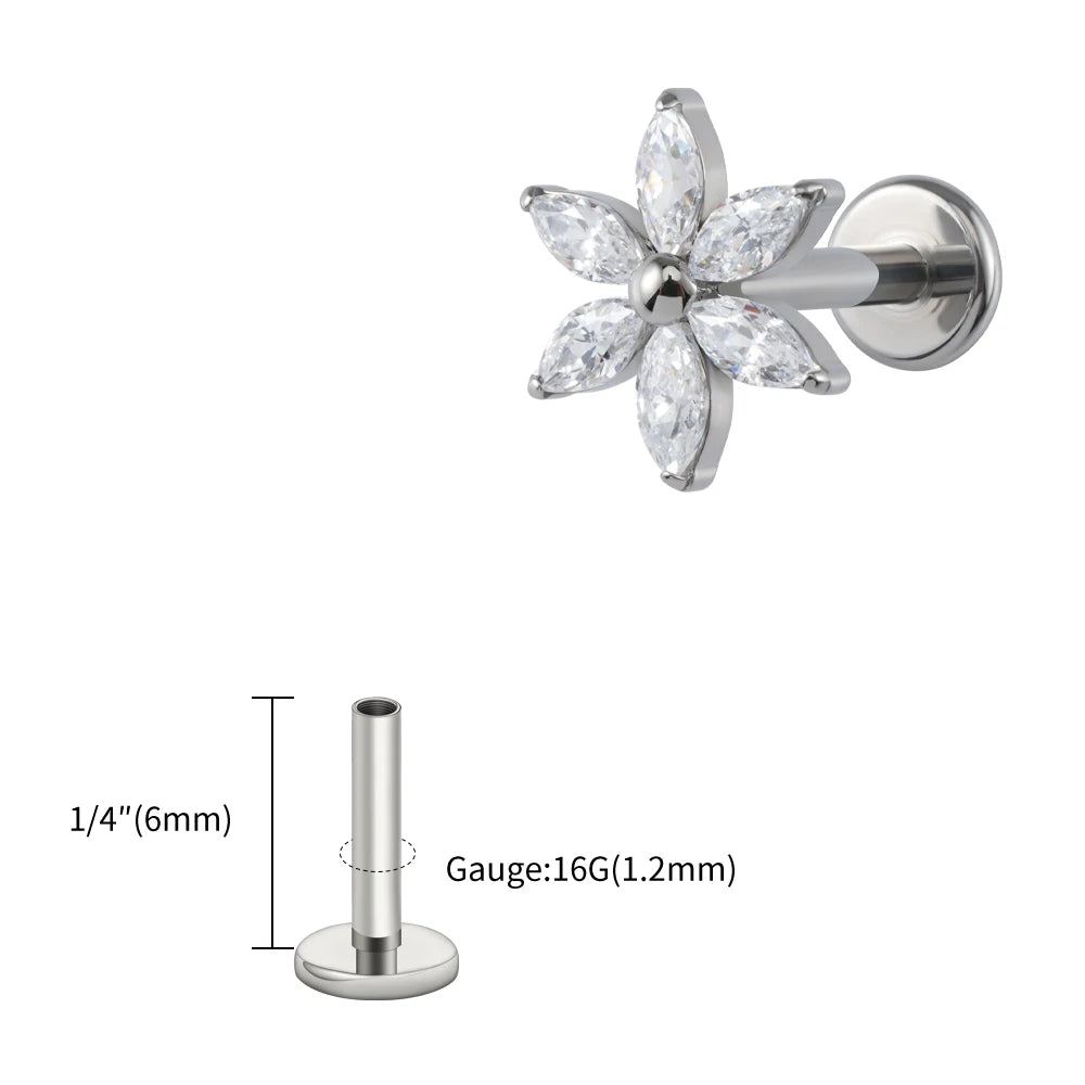ASTM F136 Titanium 16G Marquise Flower CZ Flat Back Labret Piercing