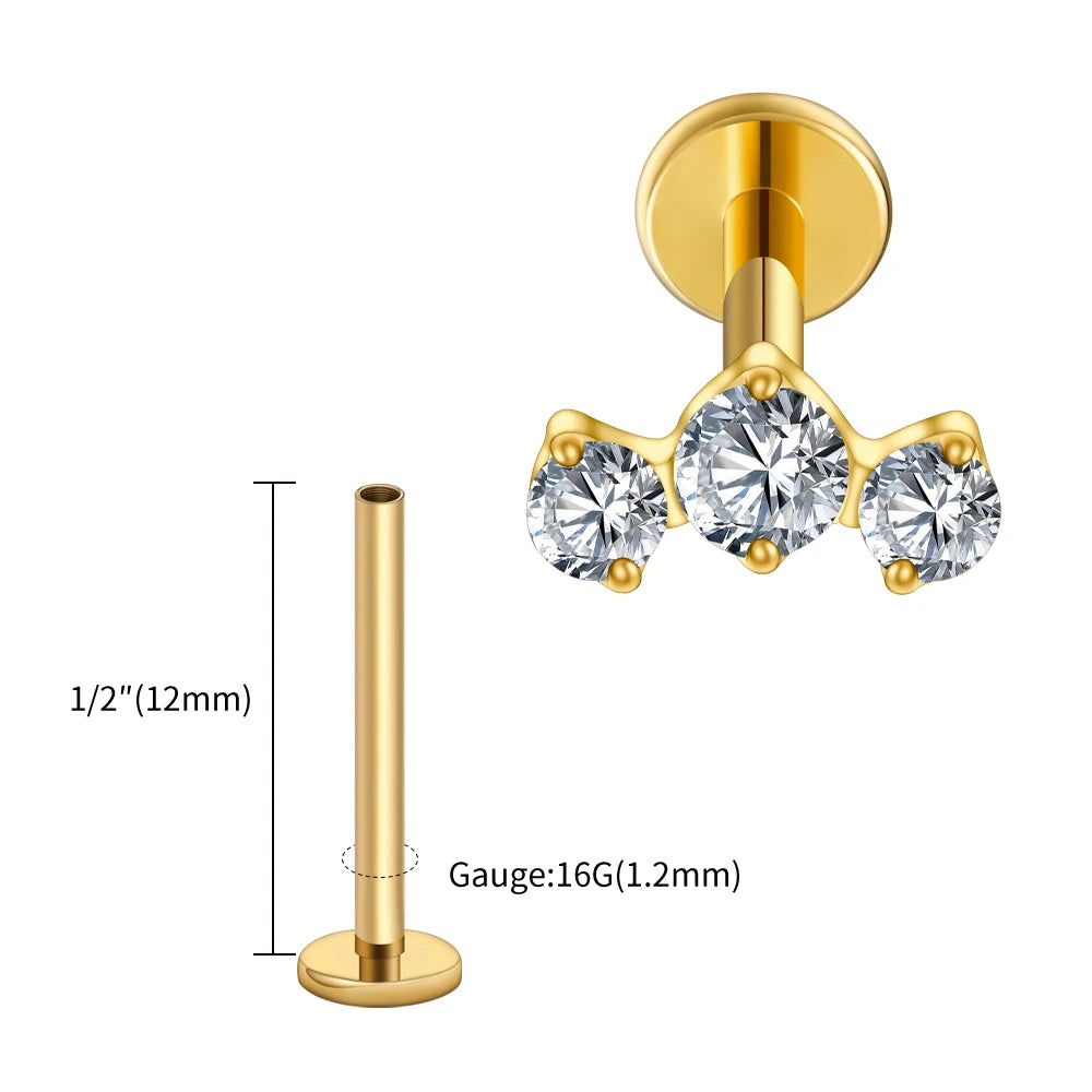 ASTM F136 Titanium 16G Triple CZ Cluster Flat Back Labret Piercing