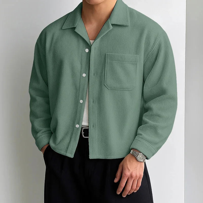 Men’s Corduroy Cropped Long-Sleeve Shirt – American Retro Loose Cardigan Top