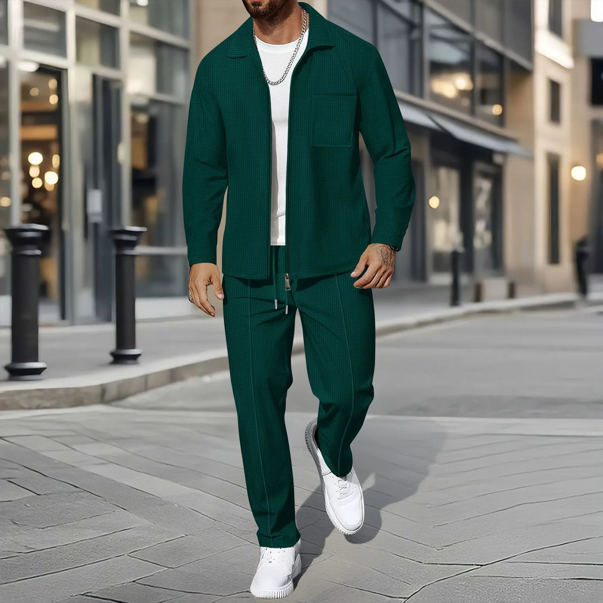 Men's Waffle-Knit Zip Front Lapel Cardigan & Pants Set