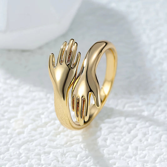 Huitan Adjustable Open Hug Rings Gold Color Hands Embrace Finger Ring Romantic Love Promise Jewelry Gift for Women Drop Shipping