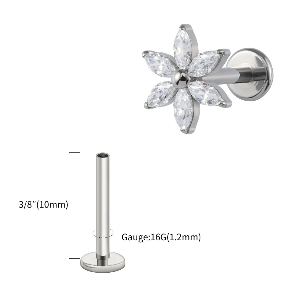 ASTM F136 Titanium 16G Marquise Flower CZ Flat Back Labret Piercing