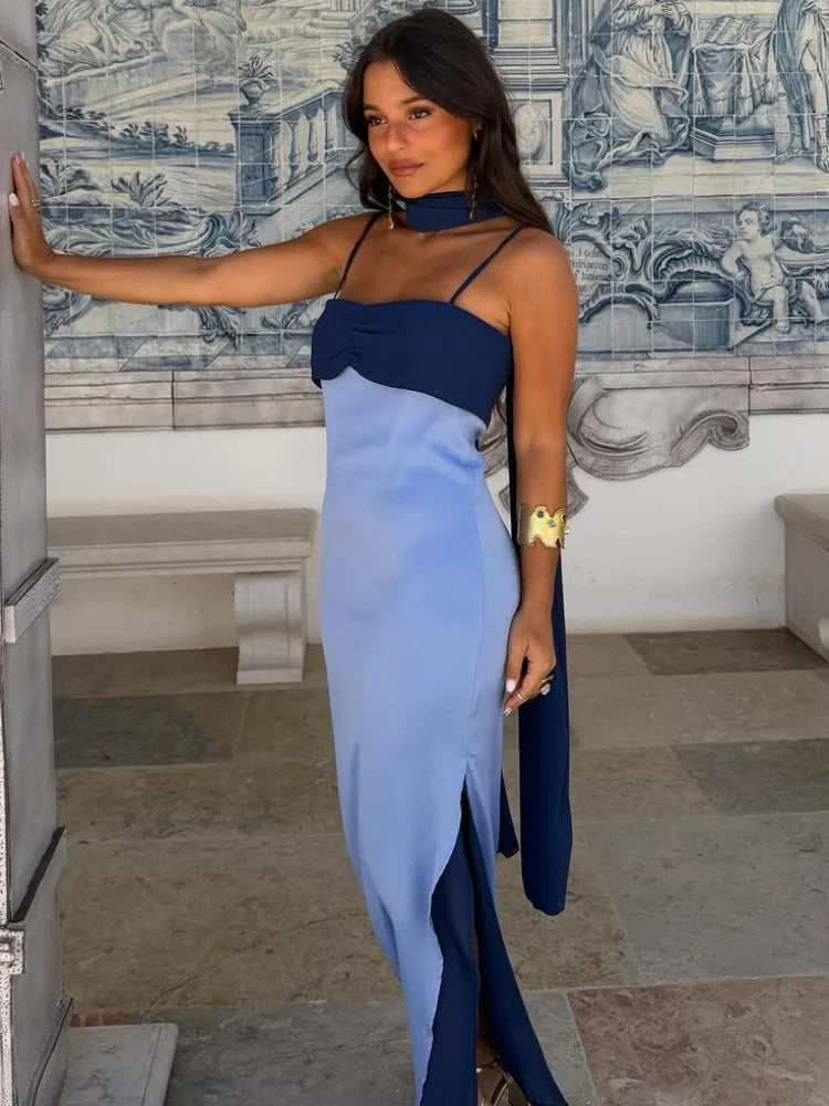 Women's Color-Block Scarf Collar High-Slit Sling Maxi Dress