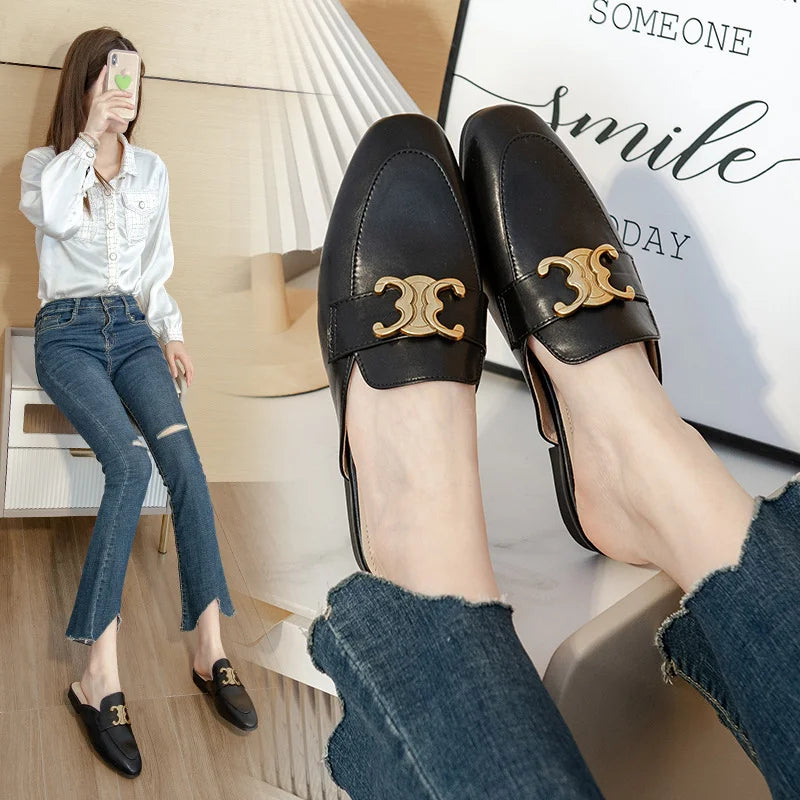 Women's Square-Toe PU Leather Mules with Gold Metal Buckle | Extended Size 41