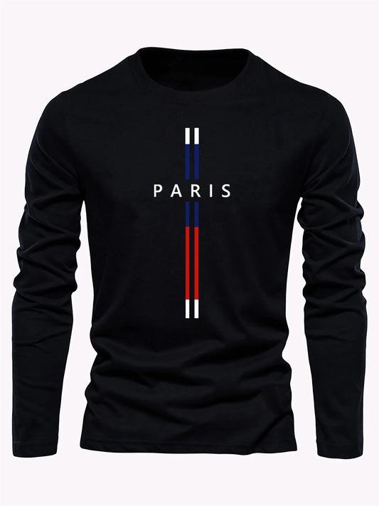 Men's Pure Cotton "Paris" Graphic Print Long-Sleeve T-Shirt