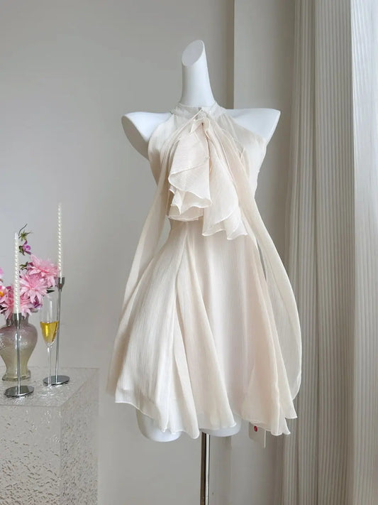 Women's French-Style Rhinestone Halter Mini Party Dress with Irregular Hem