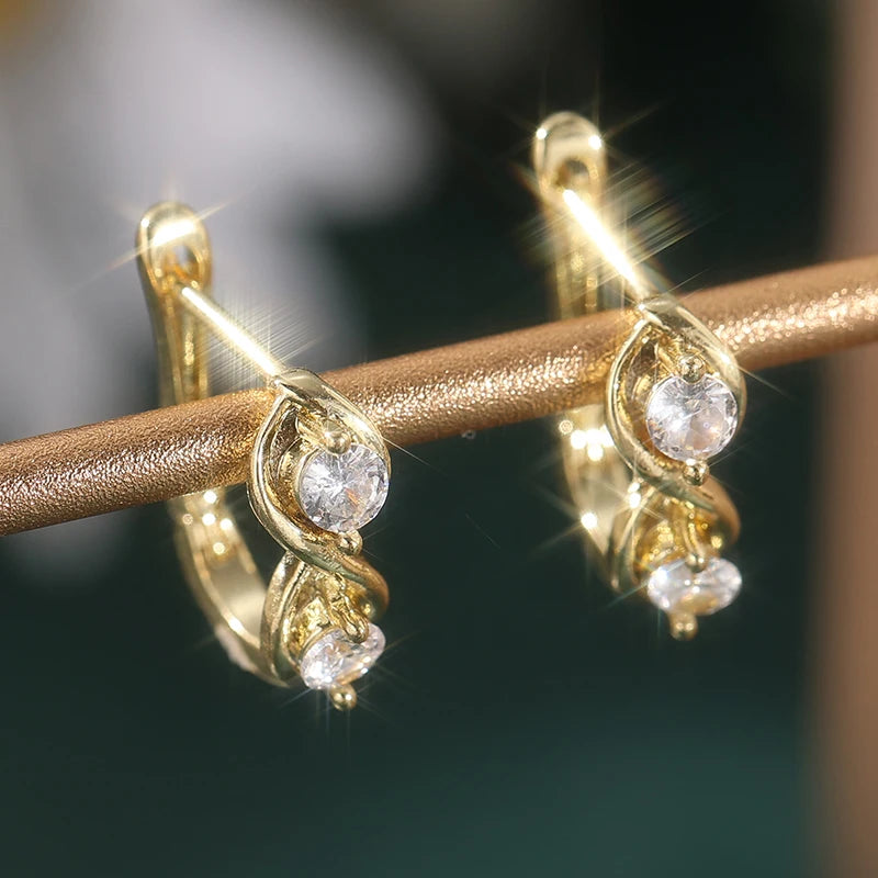 Dazzling Gold Color White CZ Hoops Women's Earrings Metal Hand Carving Geometry Party Daily Wear