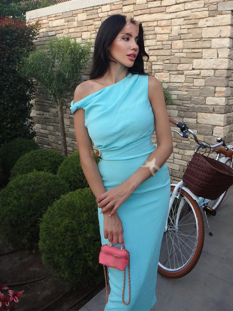 Women's Asymmetrical One-Shoulder Ruched Maxi Dress with Side Slit