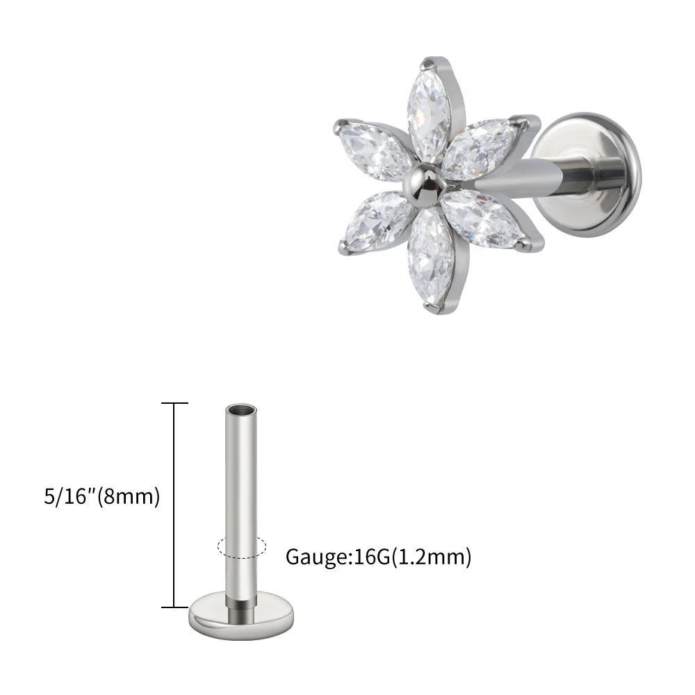 ASTM F136 Titanium 16G Marquise Flower CZ Flat Back Labret Piercing